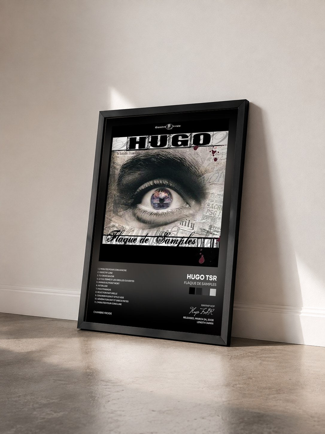 #noir Tableau de l'album Flaque De Samples de Hugo TSR vu de trois quarts, cadre noir