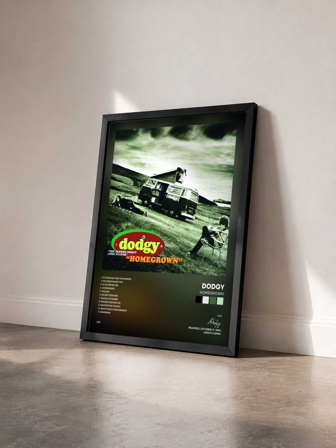 #noir Tableau de l'album Homegrown de Dodgy vu de trois quarts, cadre noir