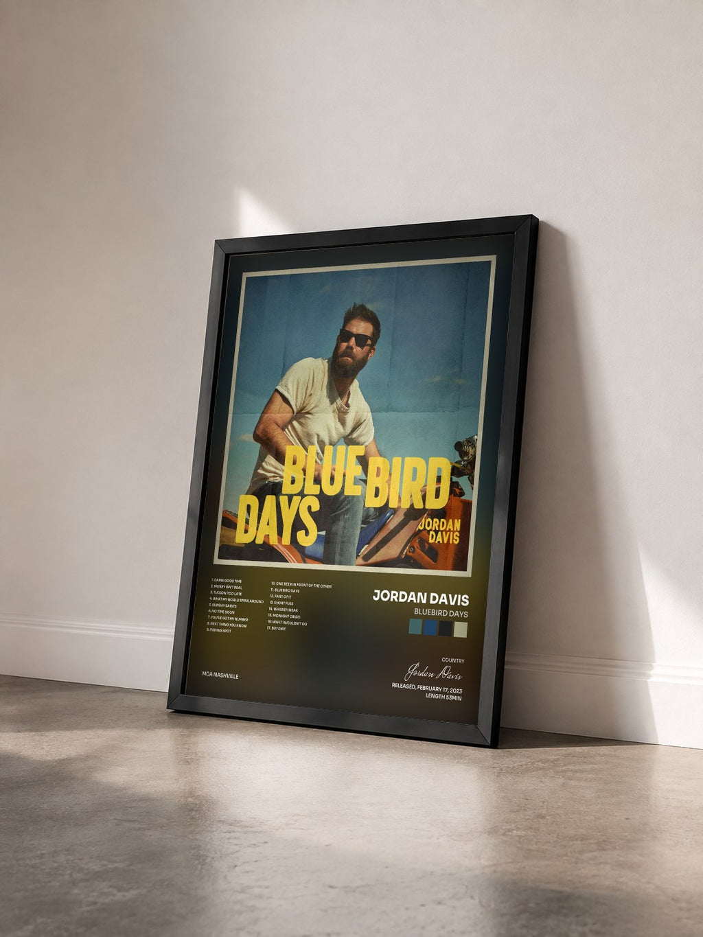 #noir Tableau de l'album Bluebird Days de Jordan Davis vu de trois quarts, cadre noir