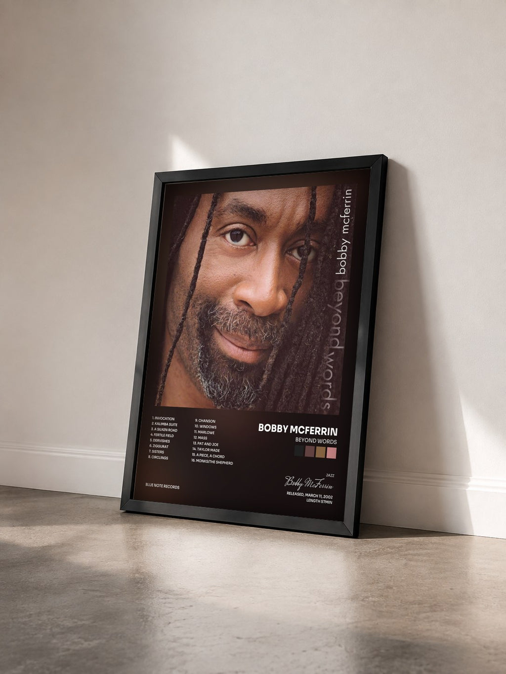 #noir Tableau de l'album Beyond Words de Bobby McFerrin vu de trois quarts, cadre noir