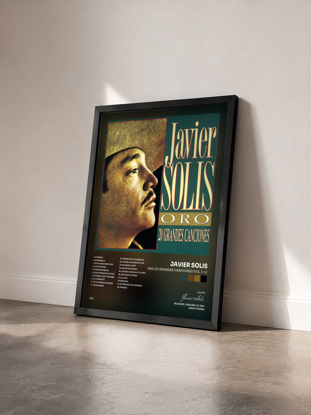 #noir ORO 20 Grandes Canciones Vol. I + II di Javier Solis in stampa incorniciata vista di tre quarti, cornice nera