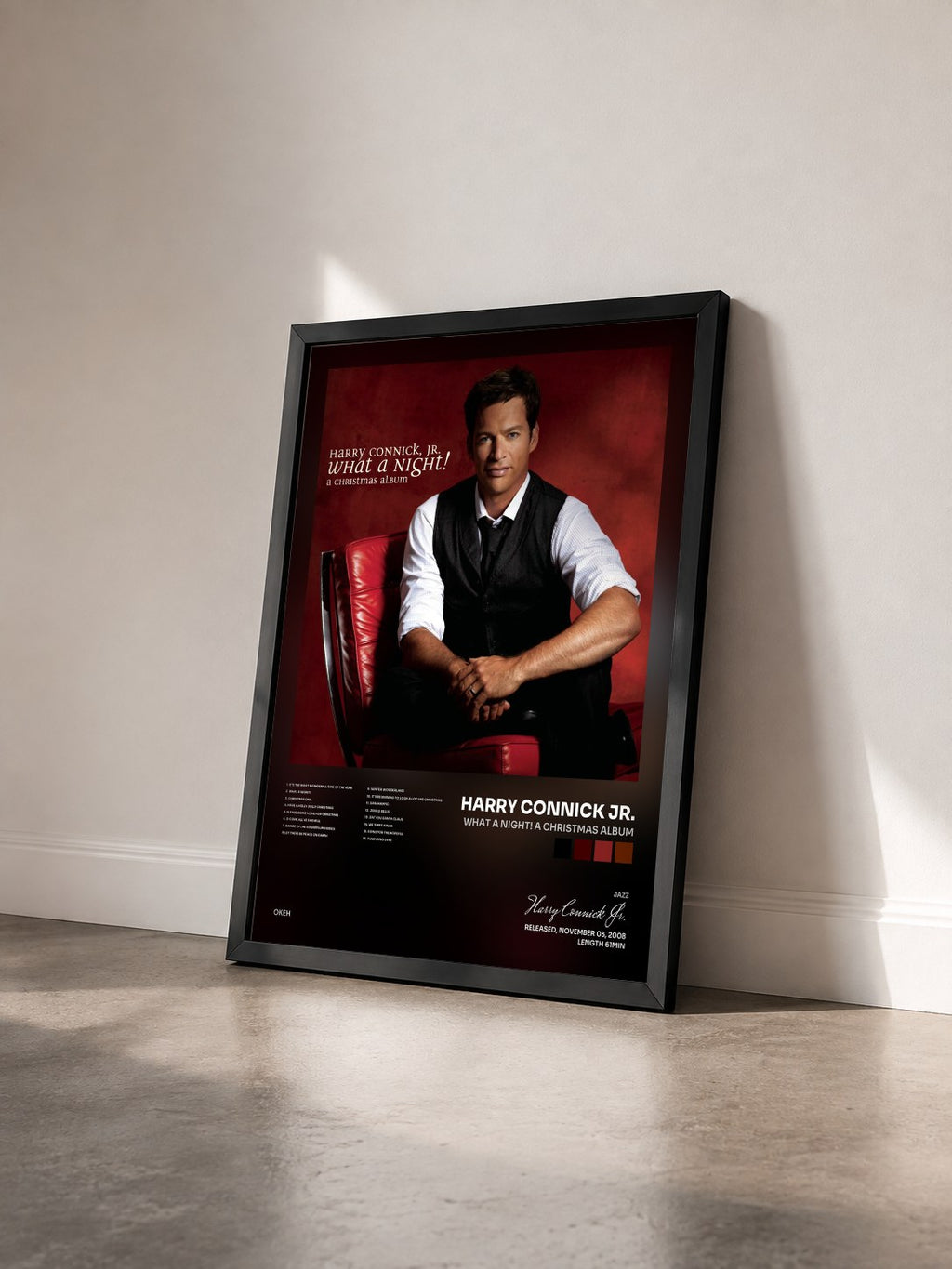 #noir Tableau de l'album What A Night! A Christmas Album de Harry Connick Jr. vu de trois quarts, cadre noir