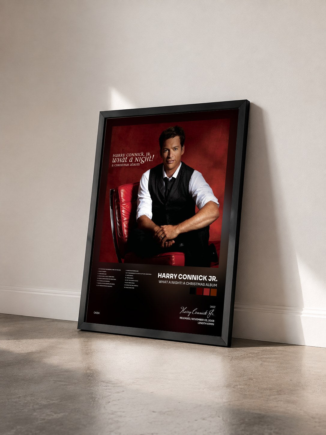 #noir Tableau de l'album What A Night! A Christmas Album de Harry Connick Jr. vu de trois quarts, cadre noir
