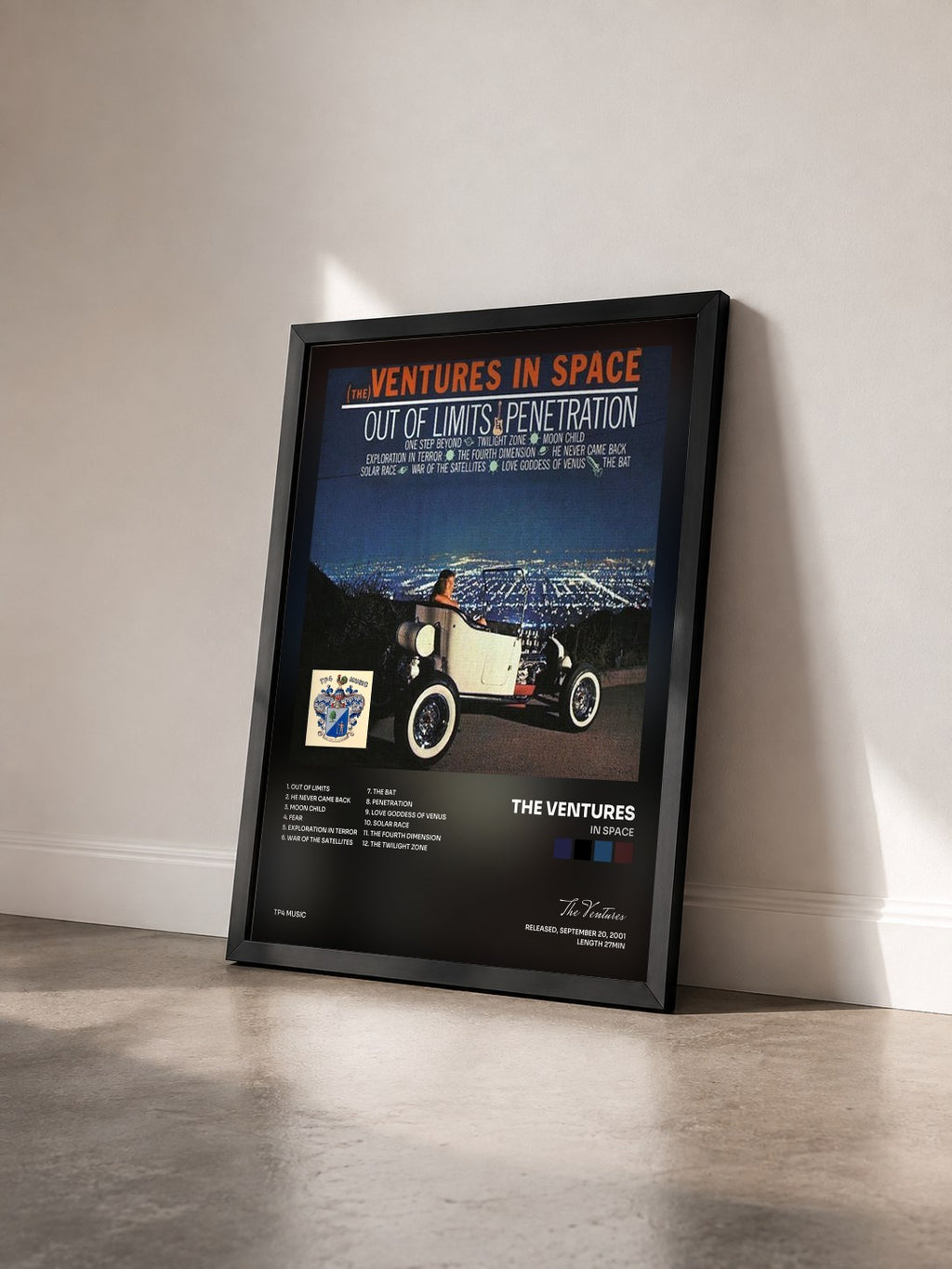 #noir Tableau de l'album In Space de The Ventures vu de trois quarts, cadre noir