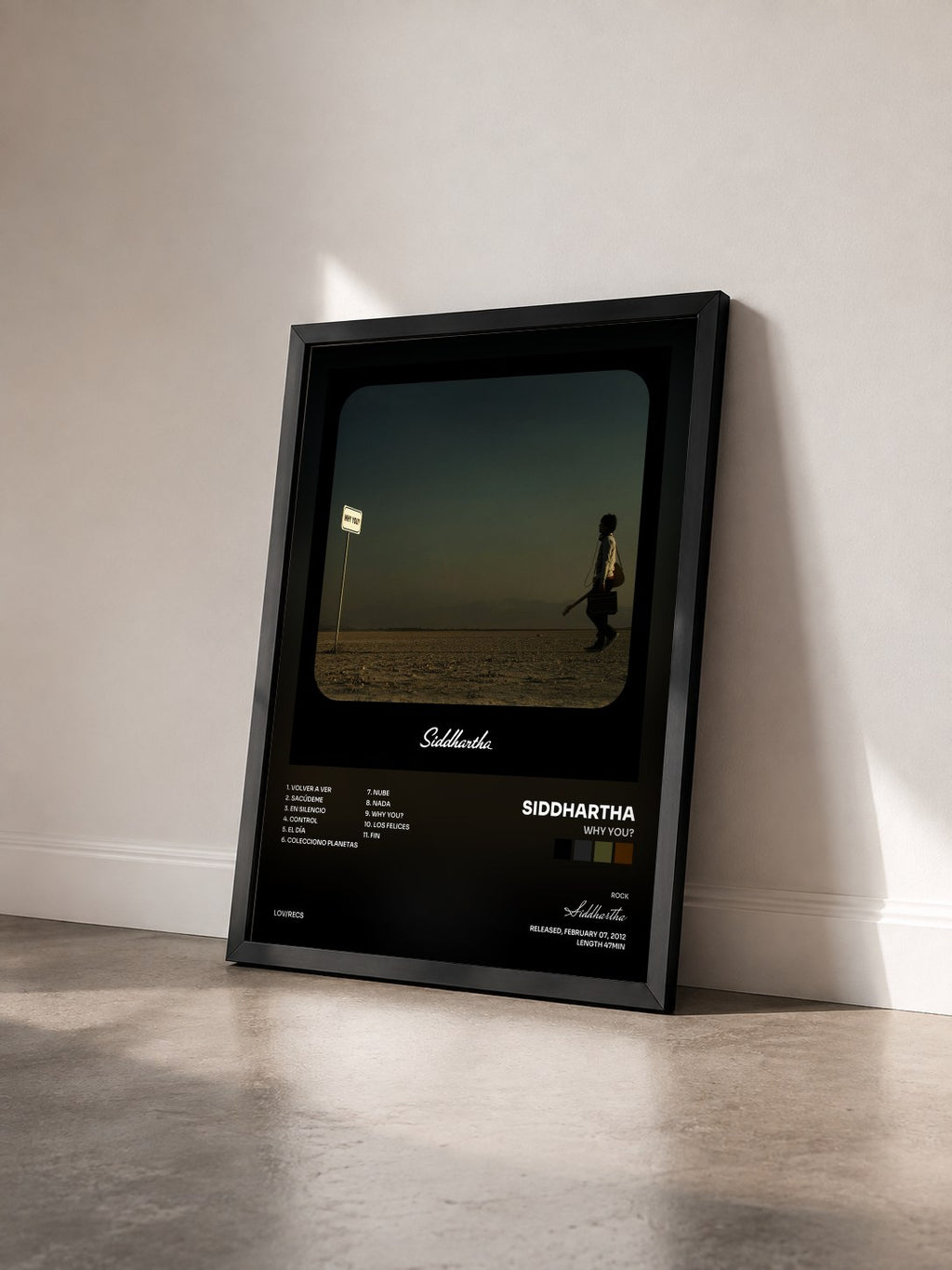 #noir Tableau de l'album Why You? de Siddhartha vu de trois quarts, cadre noir