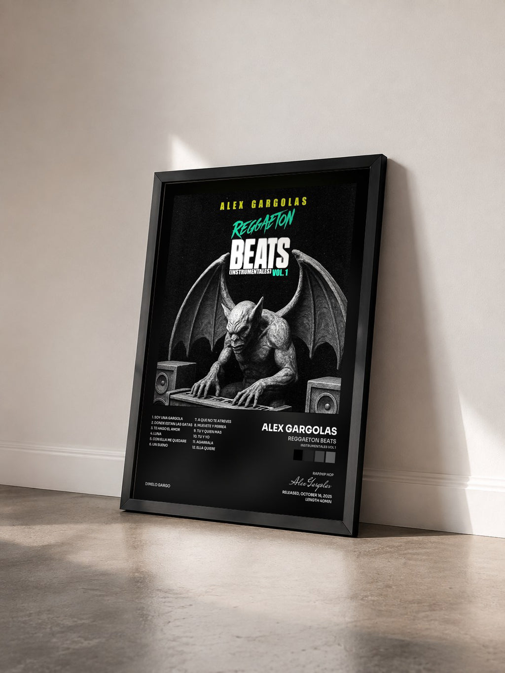#noir Tableau de l'album Reggaeton Beats (Instrumentales Vol 1) de Alex Gargolas vu de trois quarts, cadre noir