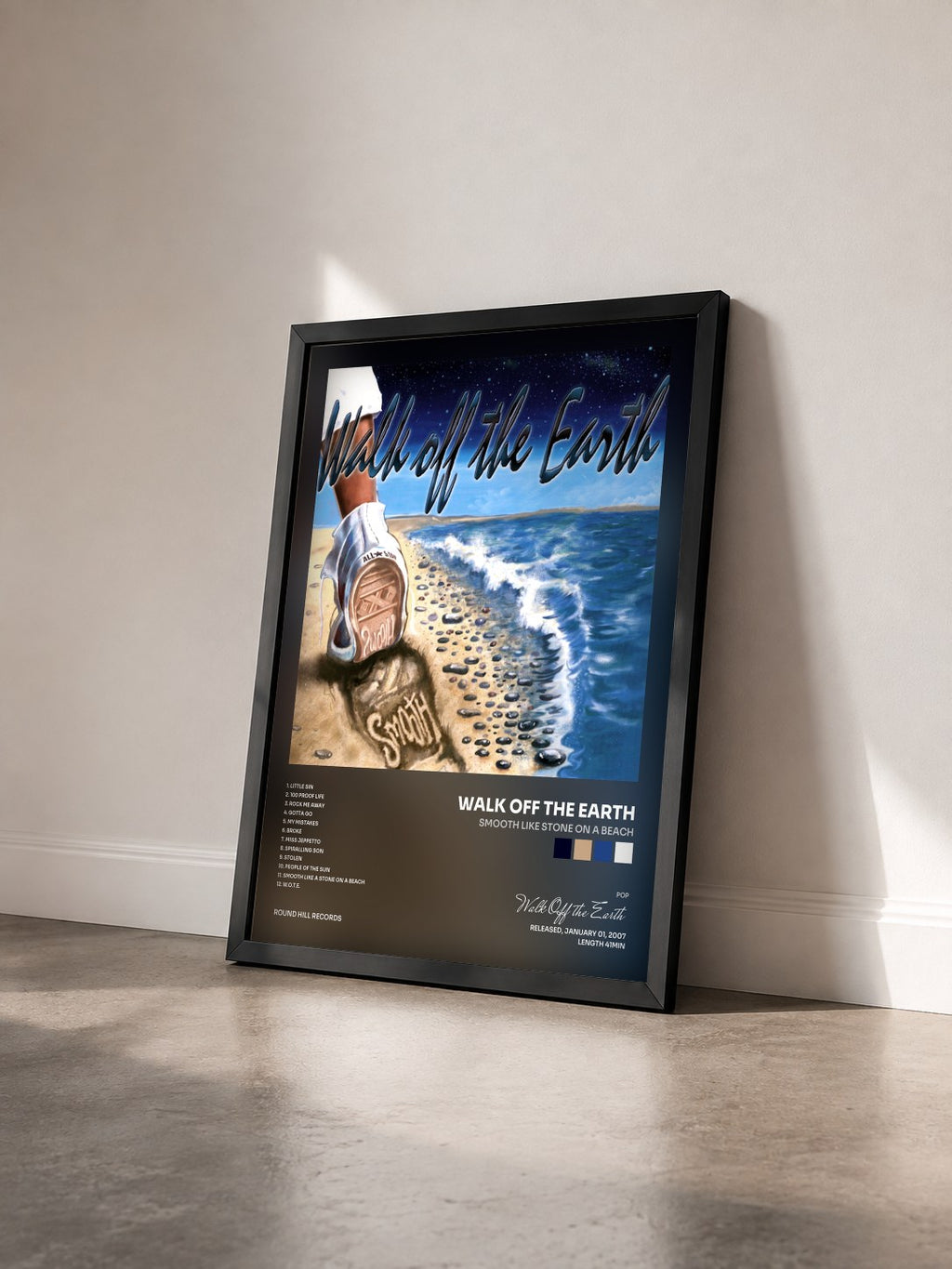 #noir Tableau de l'album Smooth Like Stone On A Beach de Walk Off the Earth vu de trois quarts, cadre noir