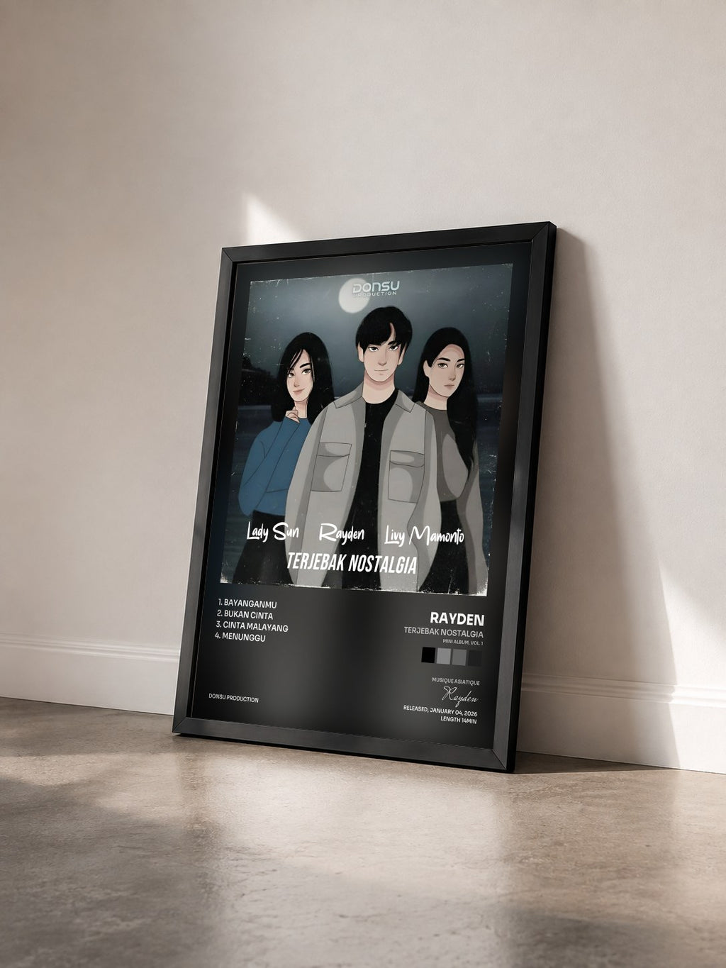 #noir Tableau de l'album Terjebak Nostalgia (Mini Album, Vol. 1) de Rayden vu de trois quarts, cadre noir