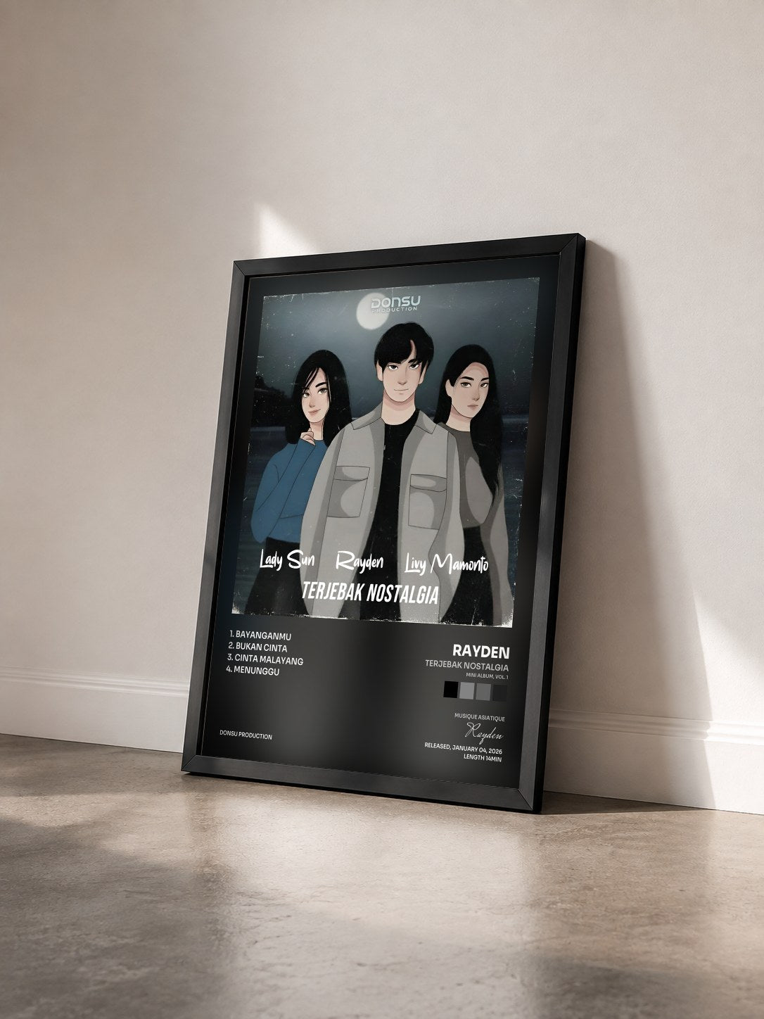 #noir Tableau de l'album Terjebak Nostalgia (Mini Album, Vol. 1) de Rayden vu de trois quarts, cadre noir