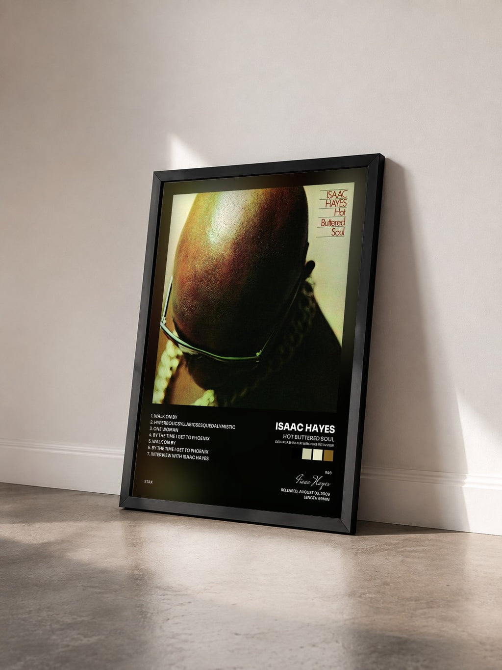 #noir Tableau de l'album Hot Buttered Soul (Deluxe Remaster w/bonus Interview) de Isaac Hayes vu de trois quarts, cadre noir