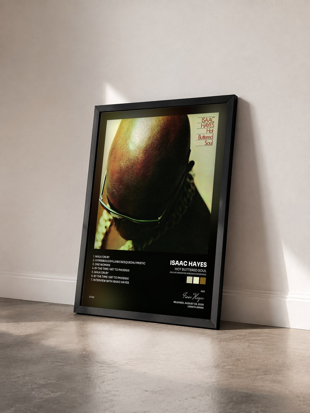 #noir Tableau de l'album Hot Buttered Soul (Deluxe Remaster w/bonus Interview) de Isaac Hayes vu de trois quarts, cadre noir
