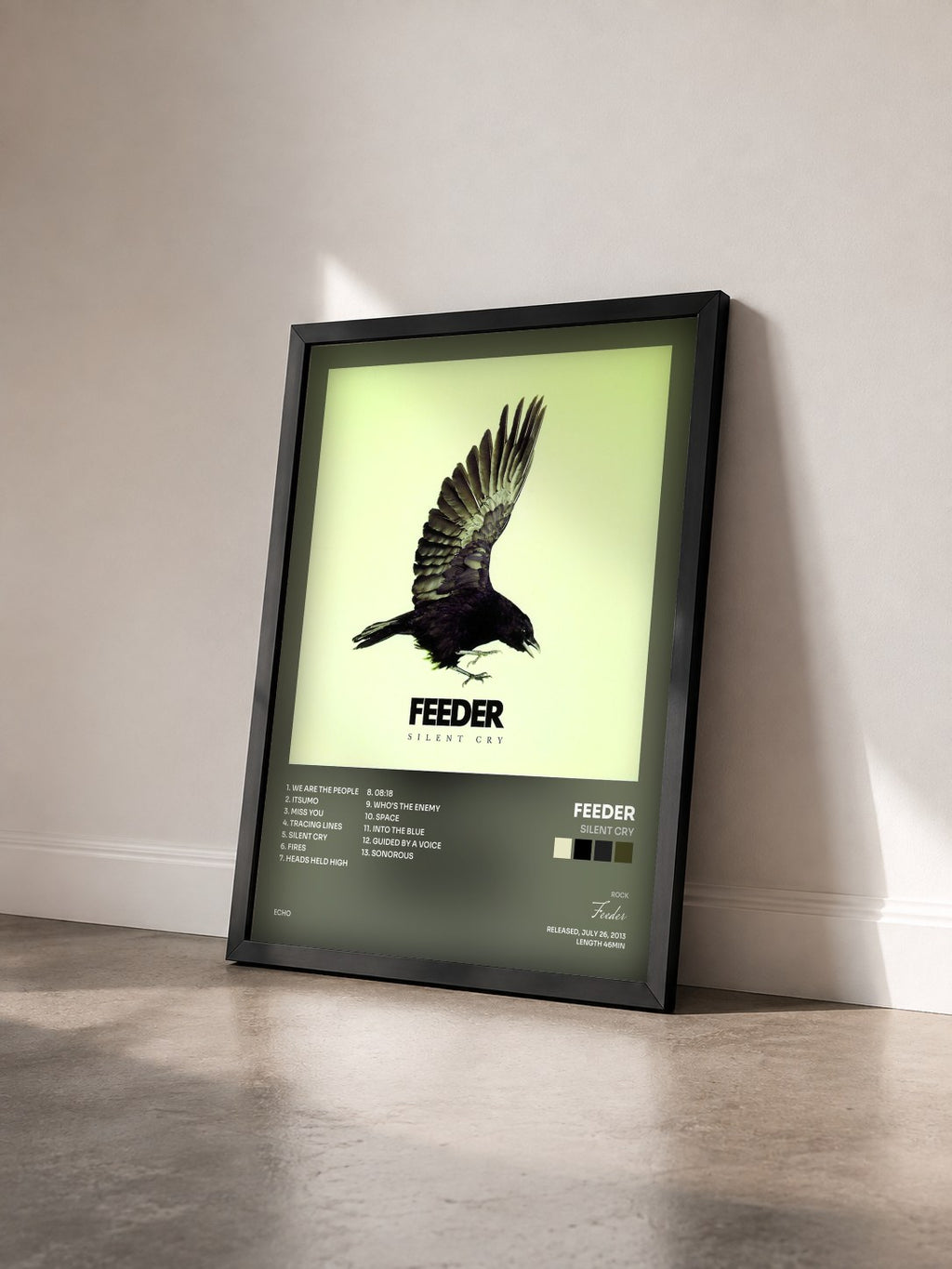 #noir Tableau de l'album Silent Cry de Feeder vu de trois quarts, cadre noir