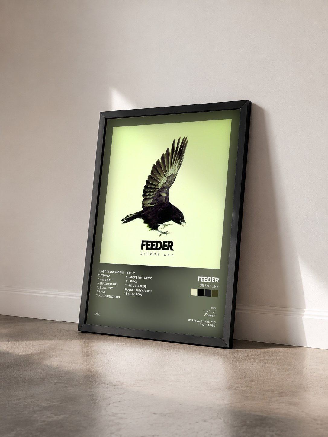 #noir Tableau de l'album Silent Cry de Feeder vu de trois quarts, cadre noir