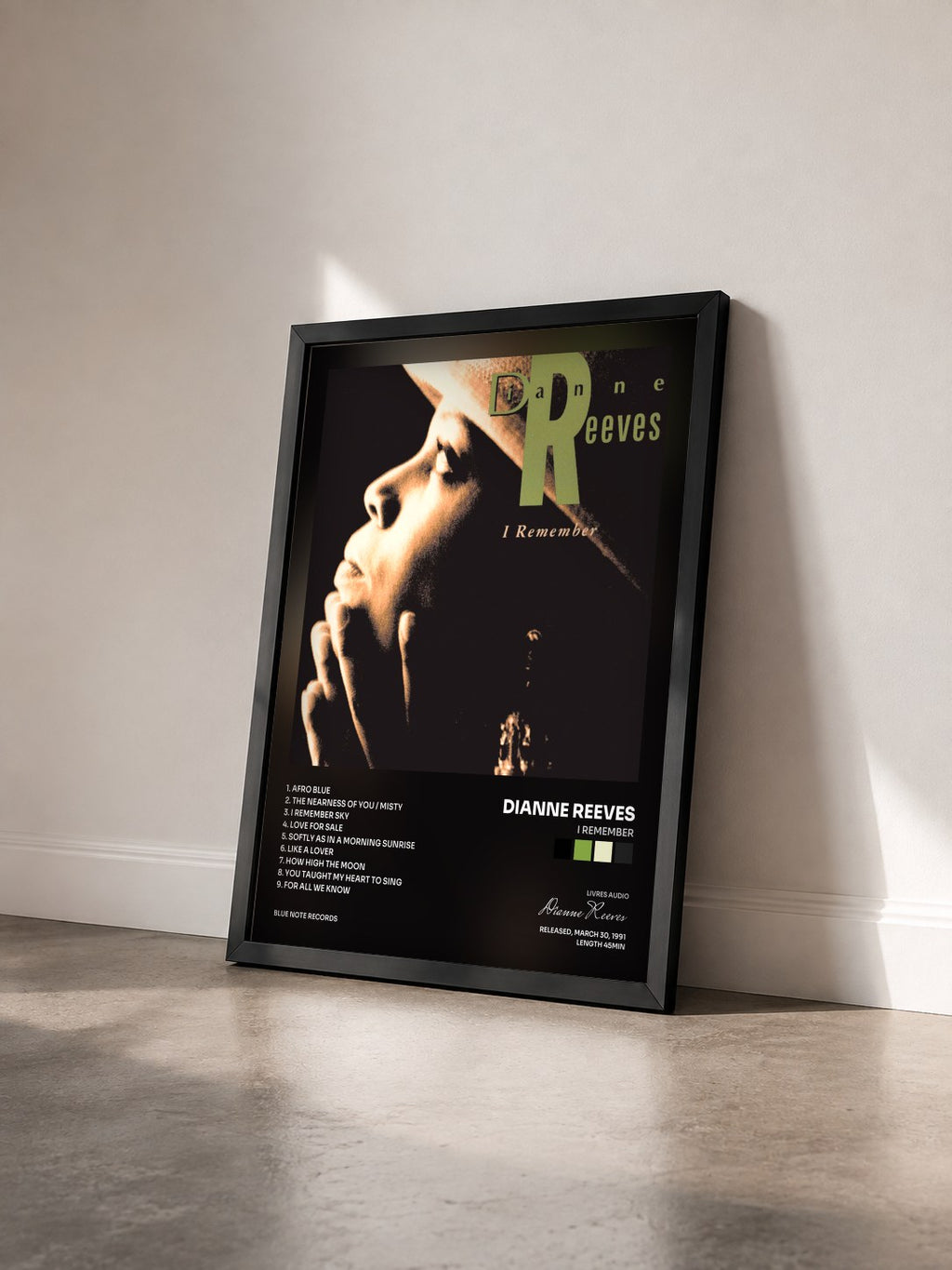#noir Tableau de l'album I Remember de Dianne Reeves vu de trois quarts, cadre noir