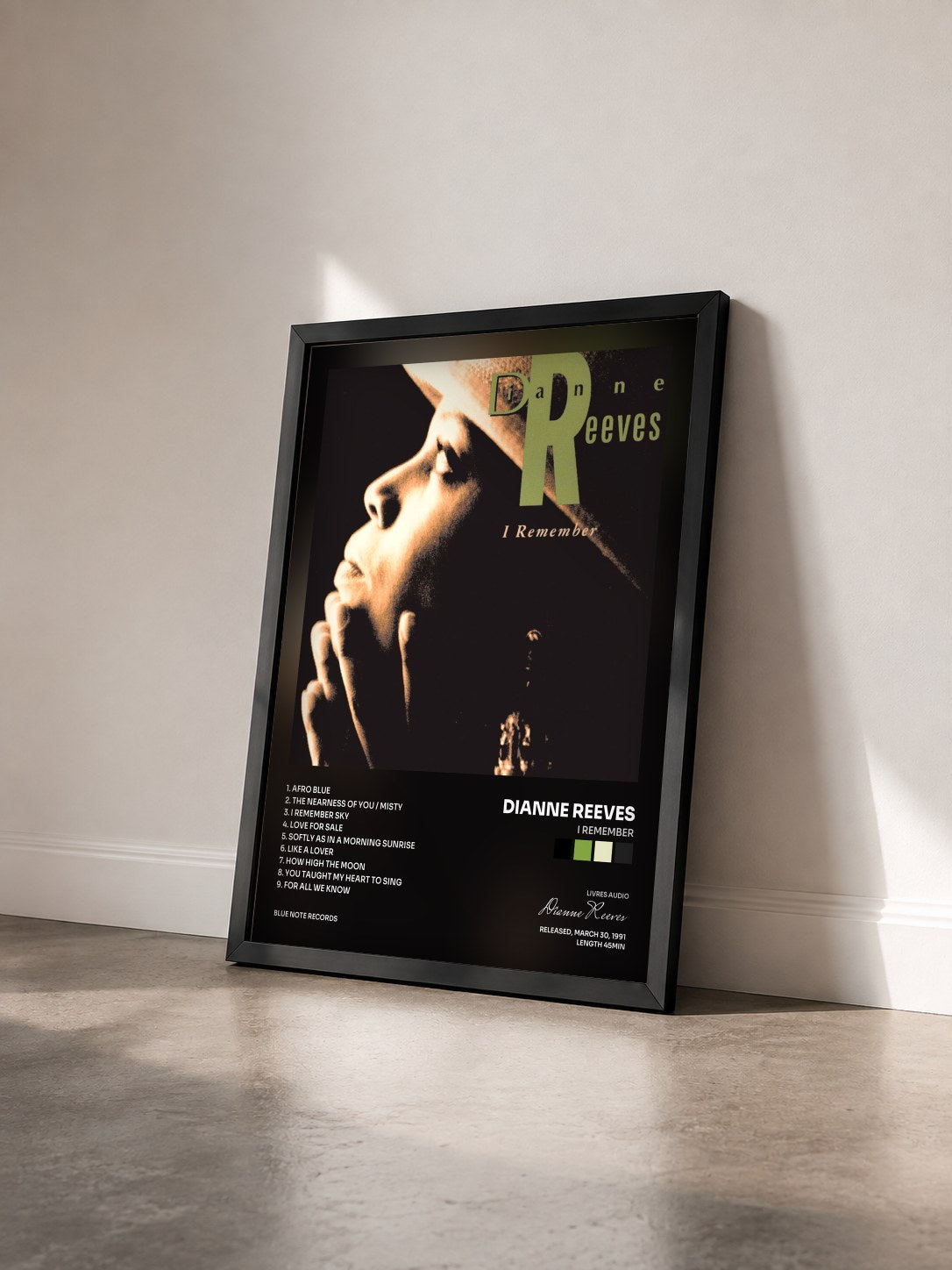 #noir Tableau de l'album I Remember de Dianne Reeves vu de trois quarts, cadre noir