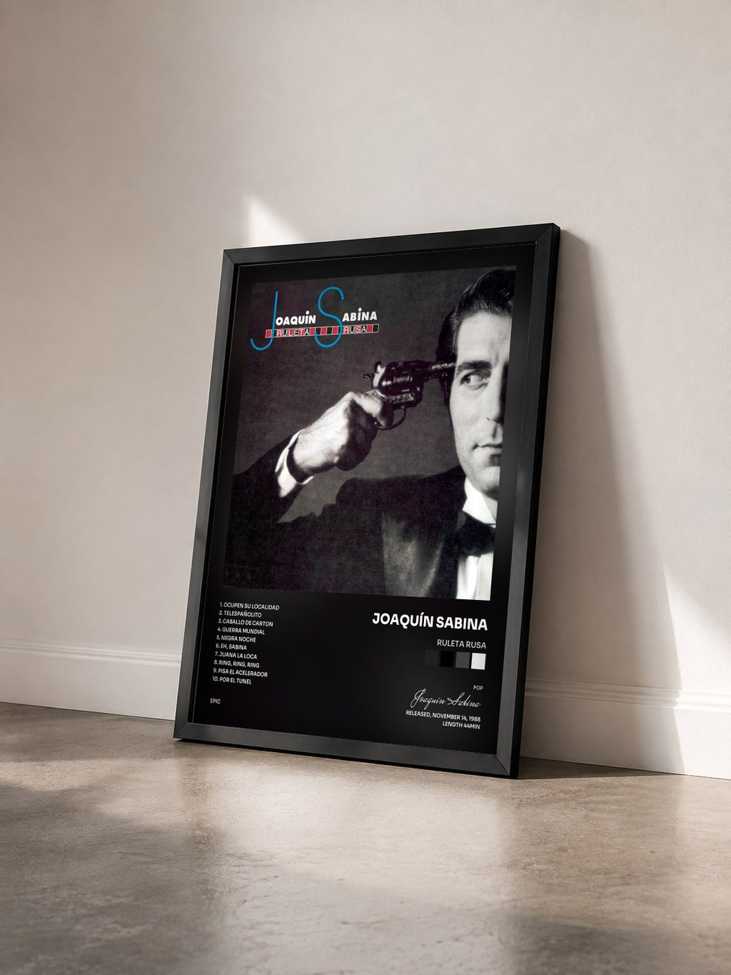 #noir Tableau de l'album Ruleta Rusa de Joaquín Sabina vu de trois quarts, cadre noir