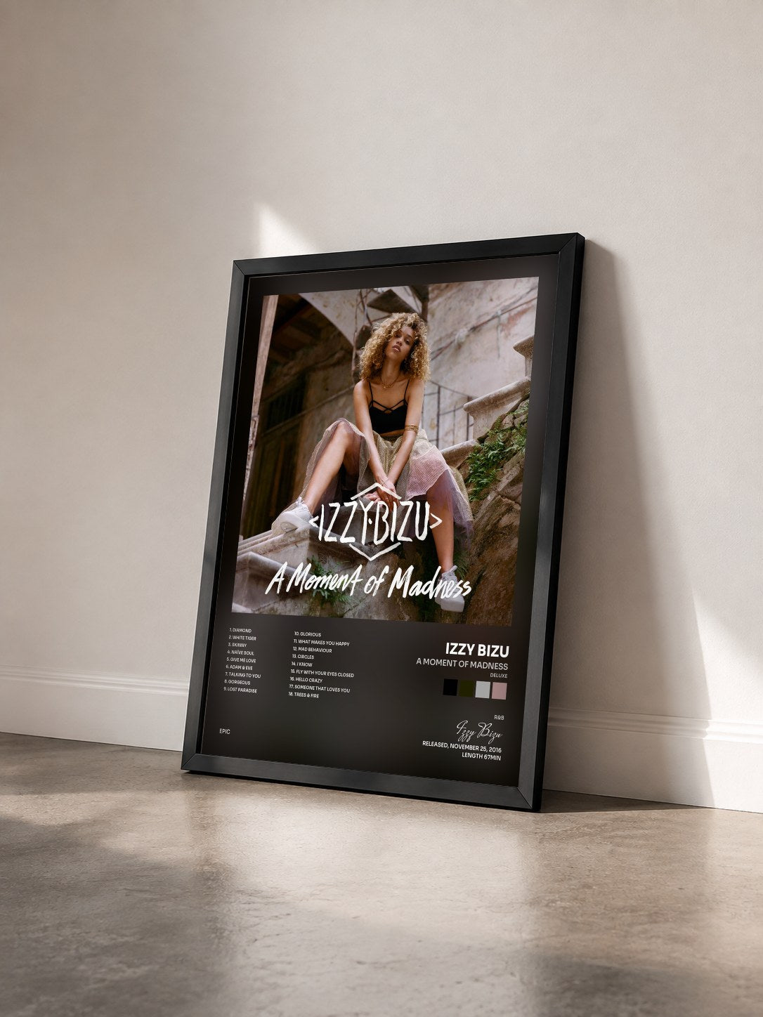 #noir Tableau de l'album A Moment of Madness (Deluxe) de Izzy Bizu vu de trois quarts, cadre noir