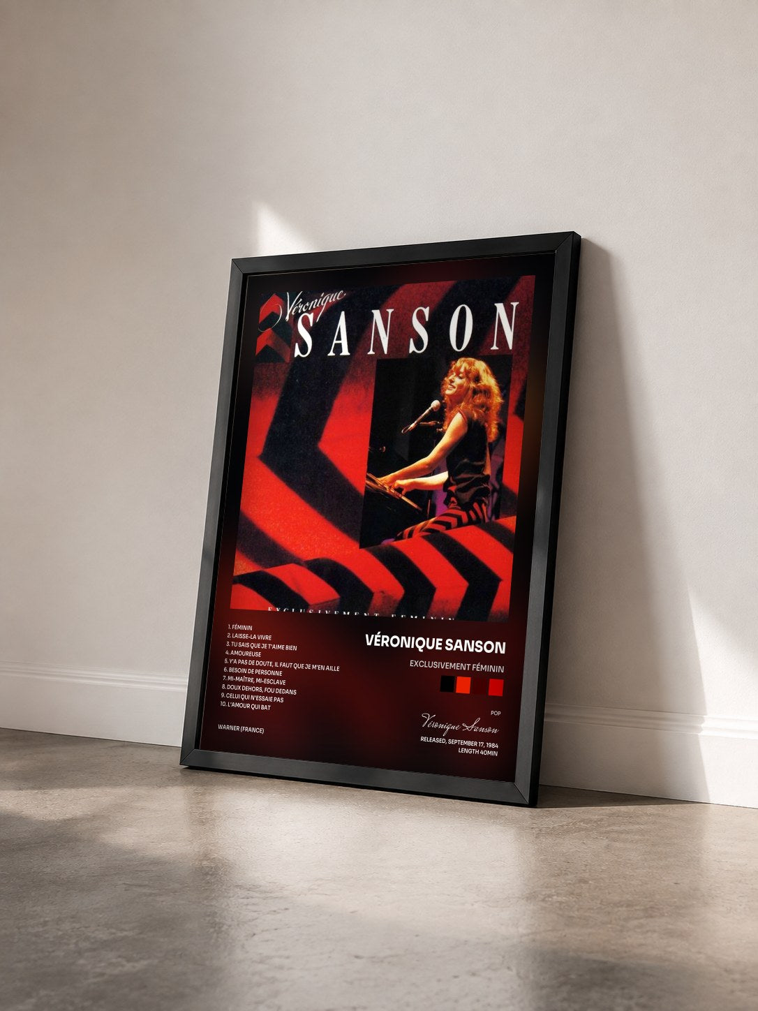 #noir Tableau de l'album Exclusivement féminin de Véronique Sanson vu de trois quarts, cadre noir