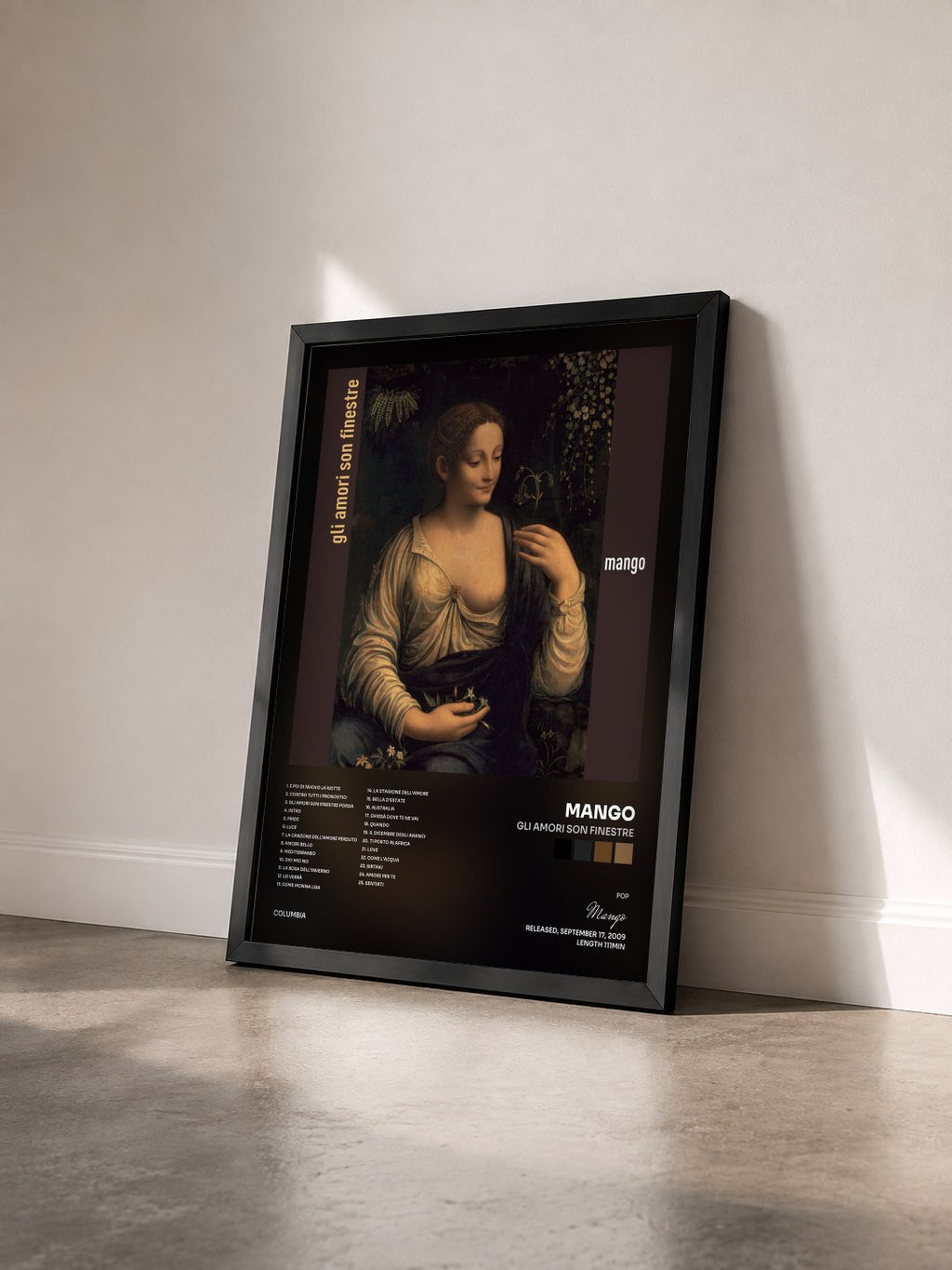 #noir Tableau de l'album Gli Amori Son Finestre de Mango vu de trois quarts, cadre noir