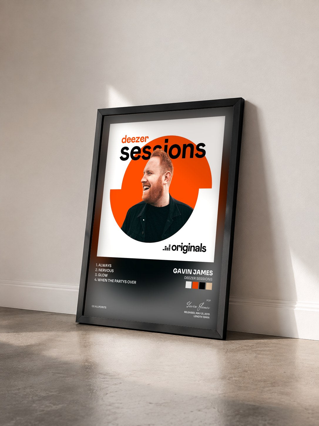 #noir Tableau de l'album Deezer Sessions de Gavin James vu de trois quarts, cadre noir