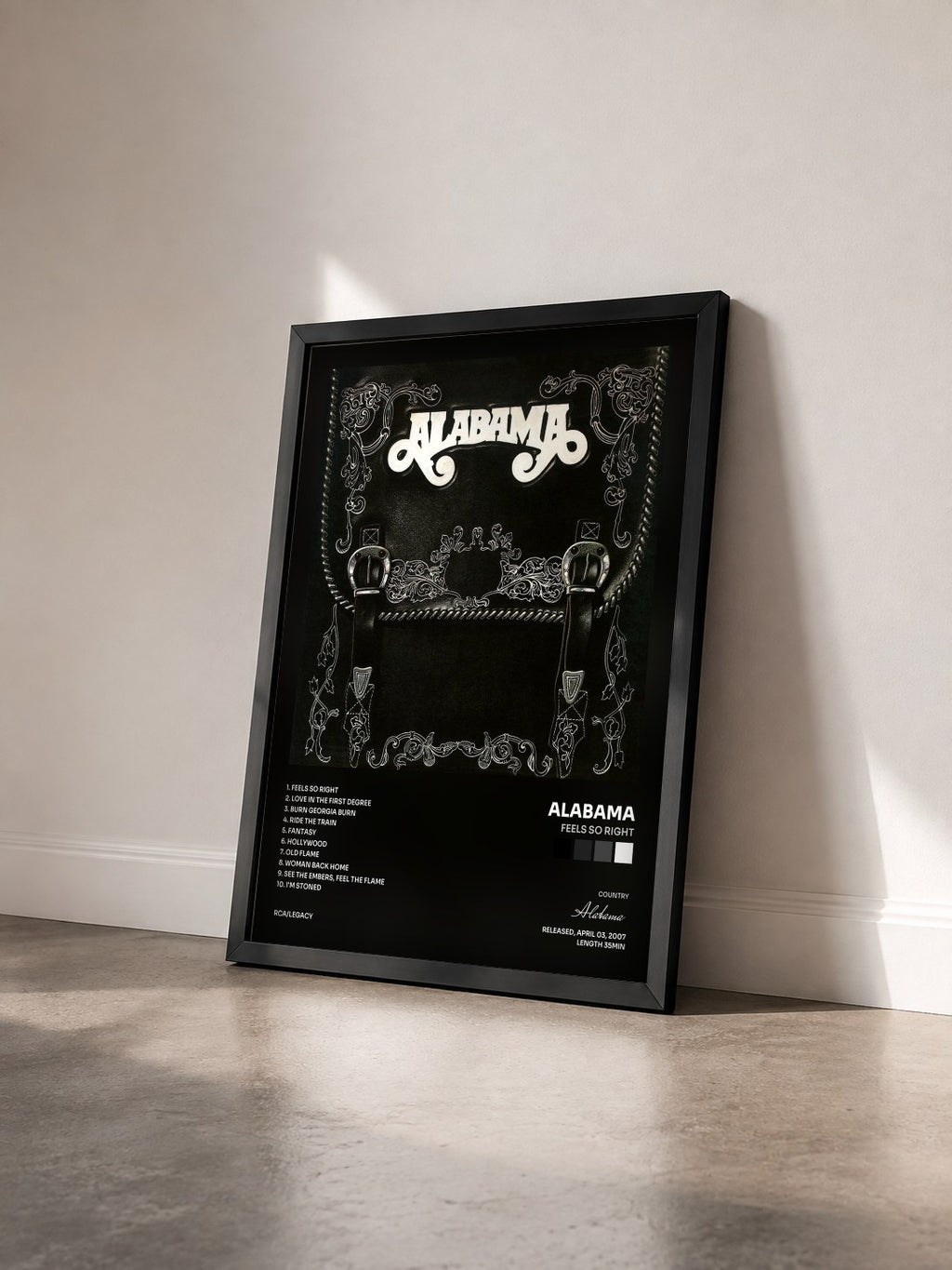 #noir Tableau de l'album Feels So Right de Alabama vu de trois quarts, cadre noir