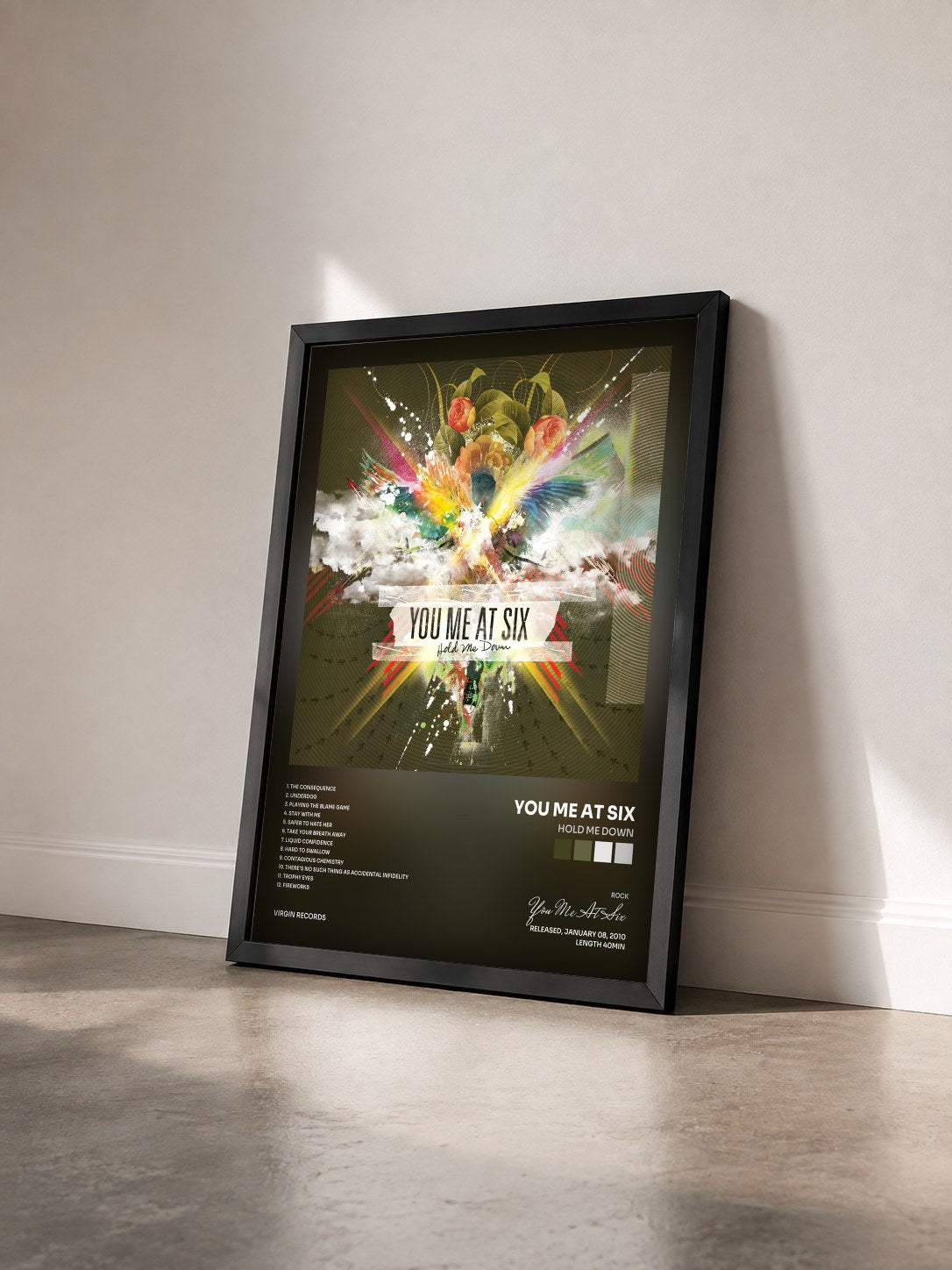 #noir Tableau de l'album Hold Me Down de You Me At Six vu de trois quarts, cadre noir