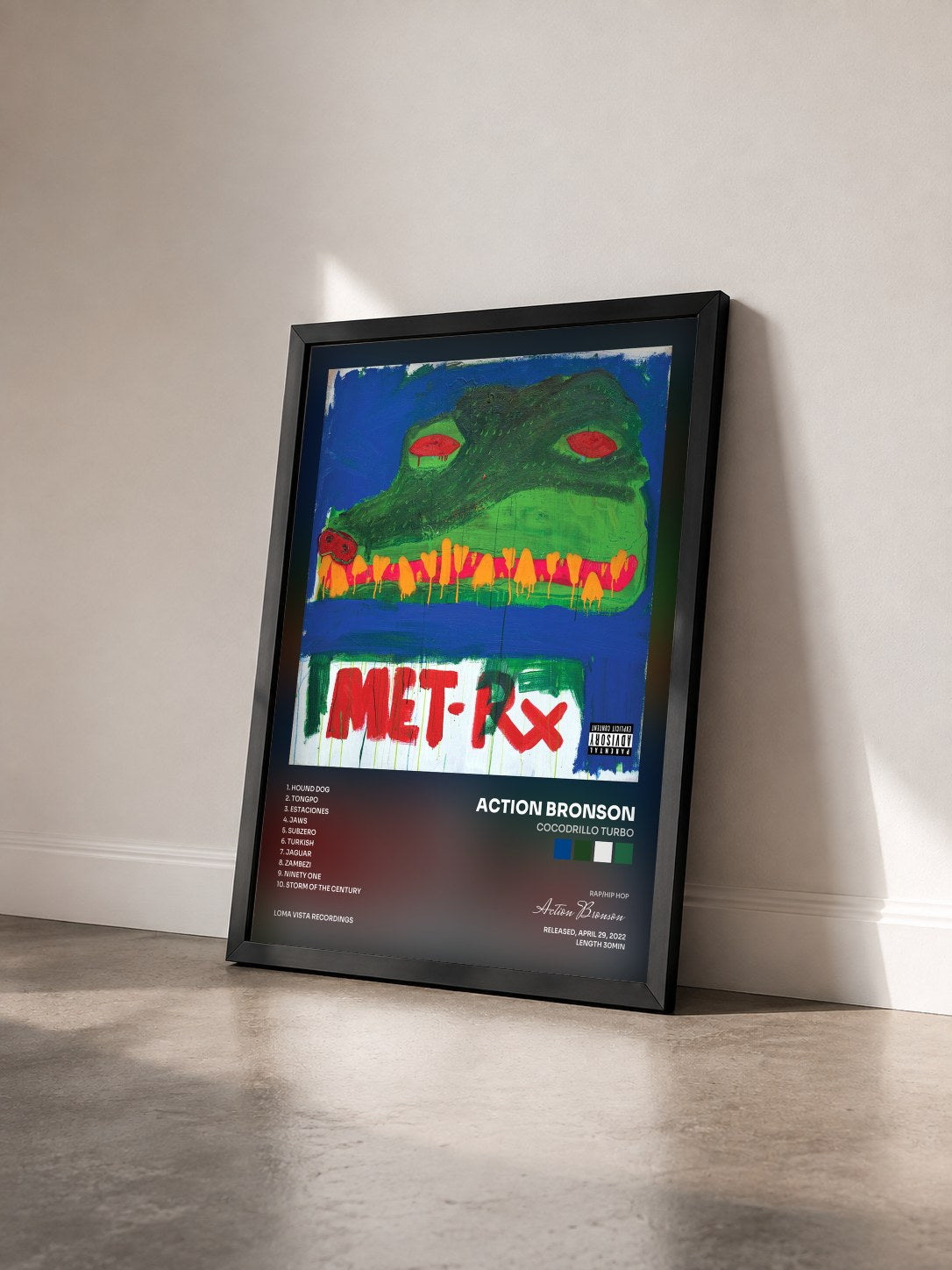 #noir Tableau de l'album Cocodrillo Turbo de Action Bronson vu de trois quarts, cadre noir