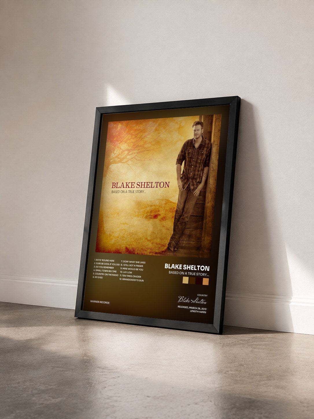 #noir Tableau de l'album Based on a True Story... de Blake Shelton vu de trois quarts, cadre noir