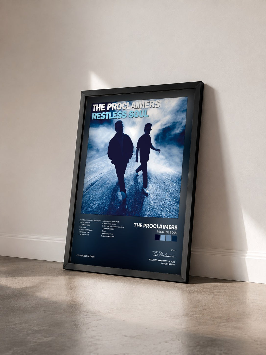 #noir Tableau de l'album Restless Soul de The Proclaimers vu de trois quarts, cadre noir