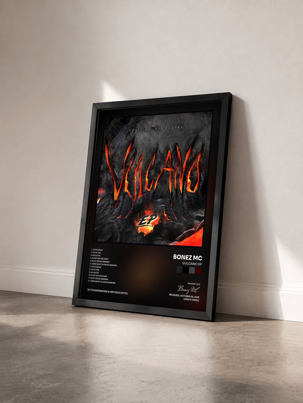 #noir Tableau de l'album Vulcano EP de Bonez MC vu de trois quarts, cadre noir