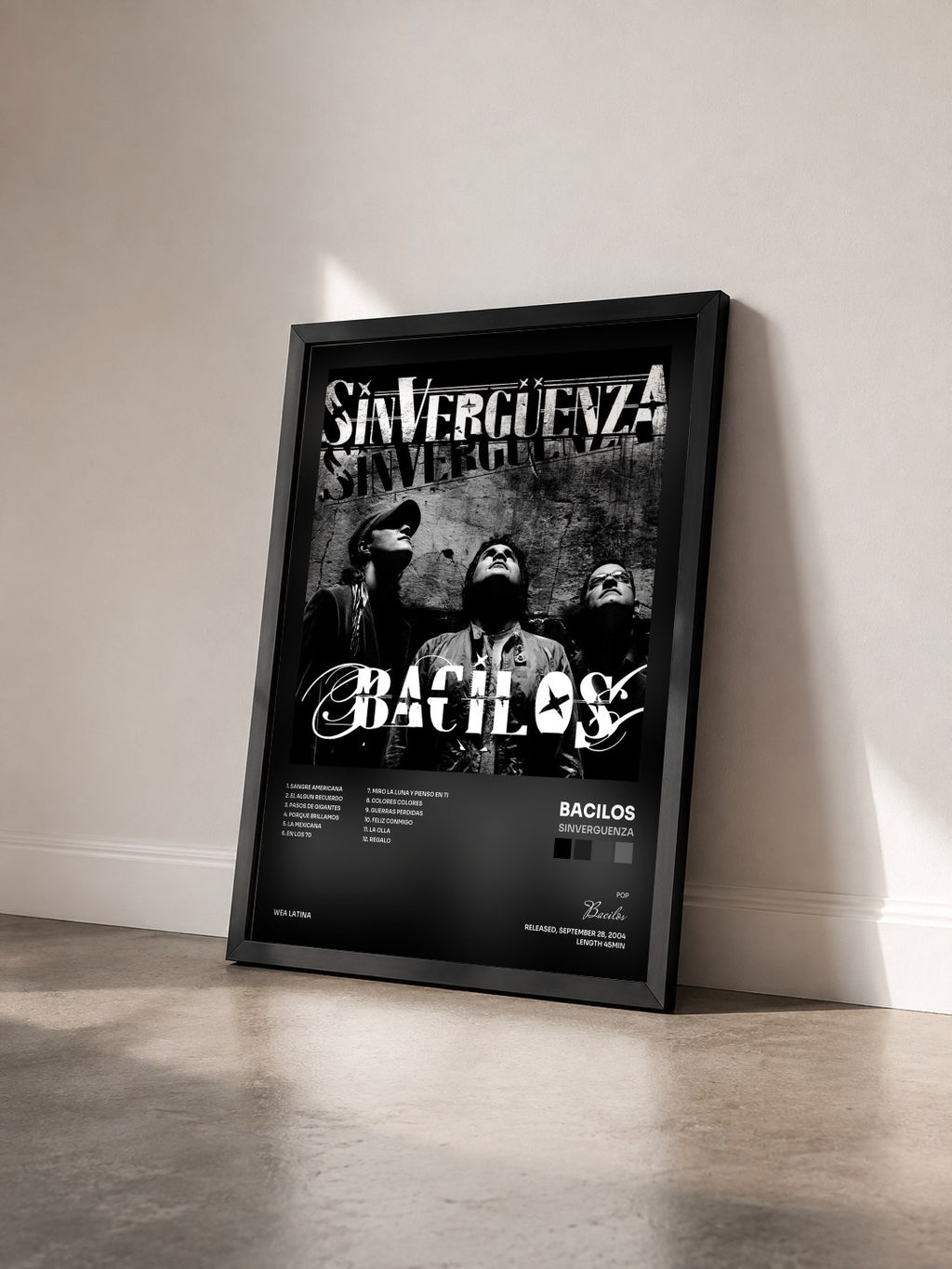 #noir Tableau de l'album Sinverguenza de Bacilos vu de trois quarts, cadre noir