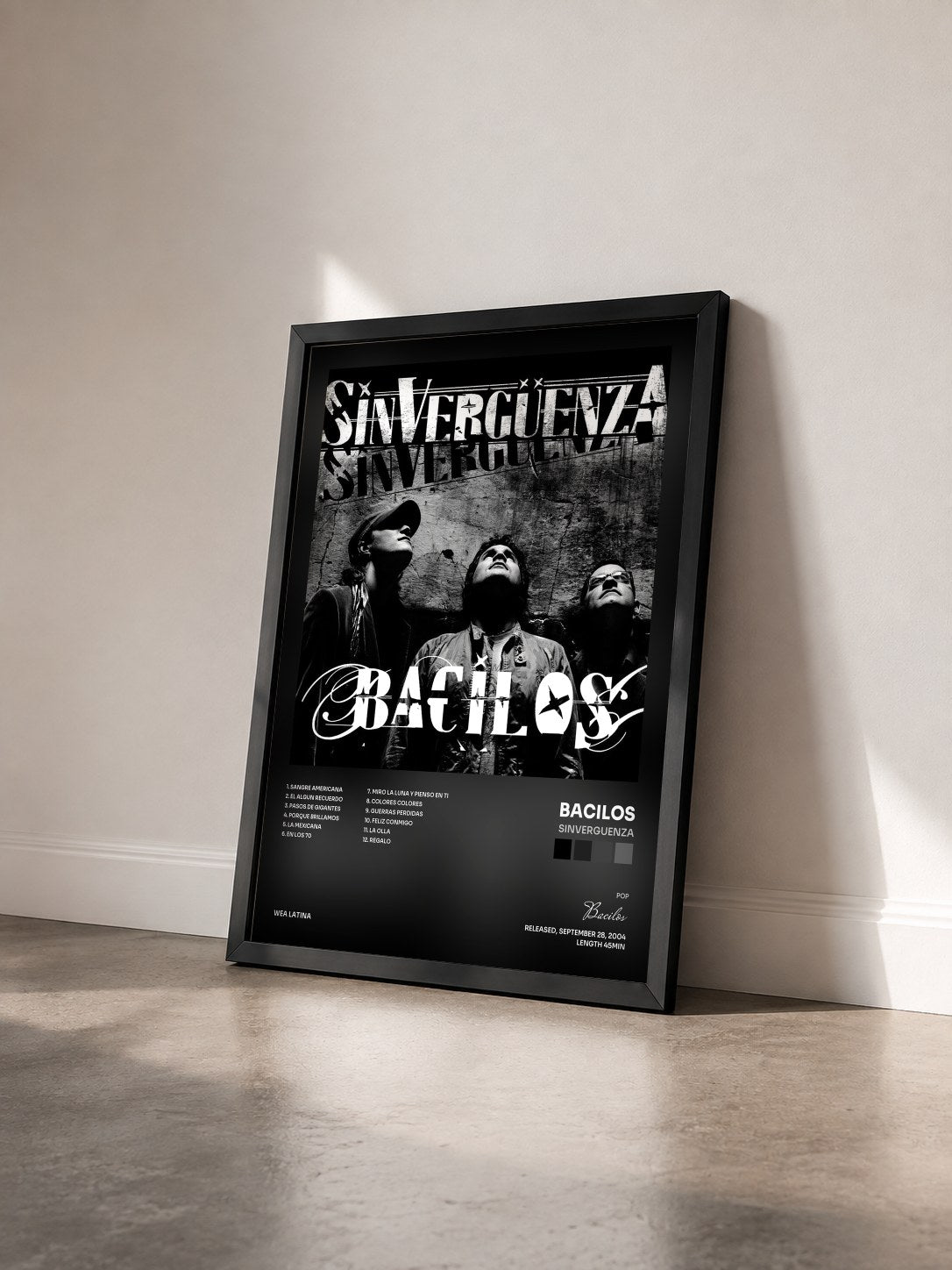 #noir Tableau de l'album Sinverguenza de Bacilos vu de trois quarts, cadre noir