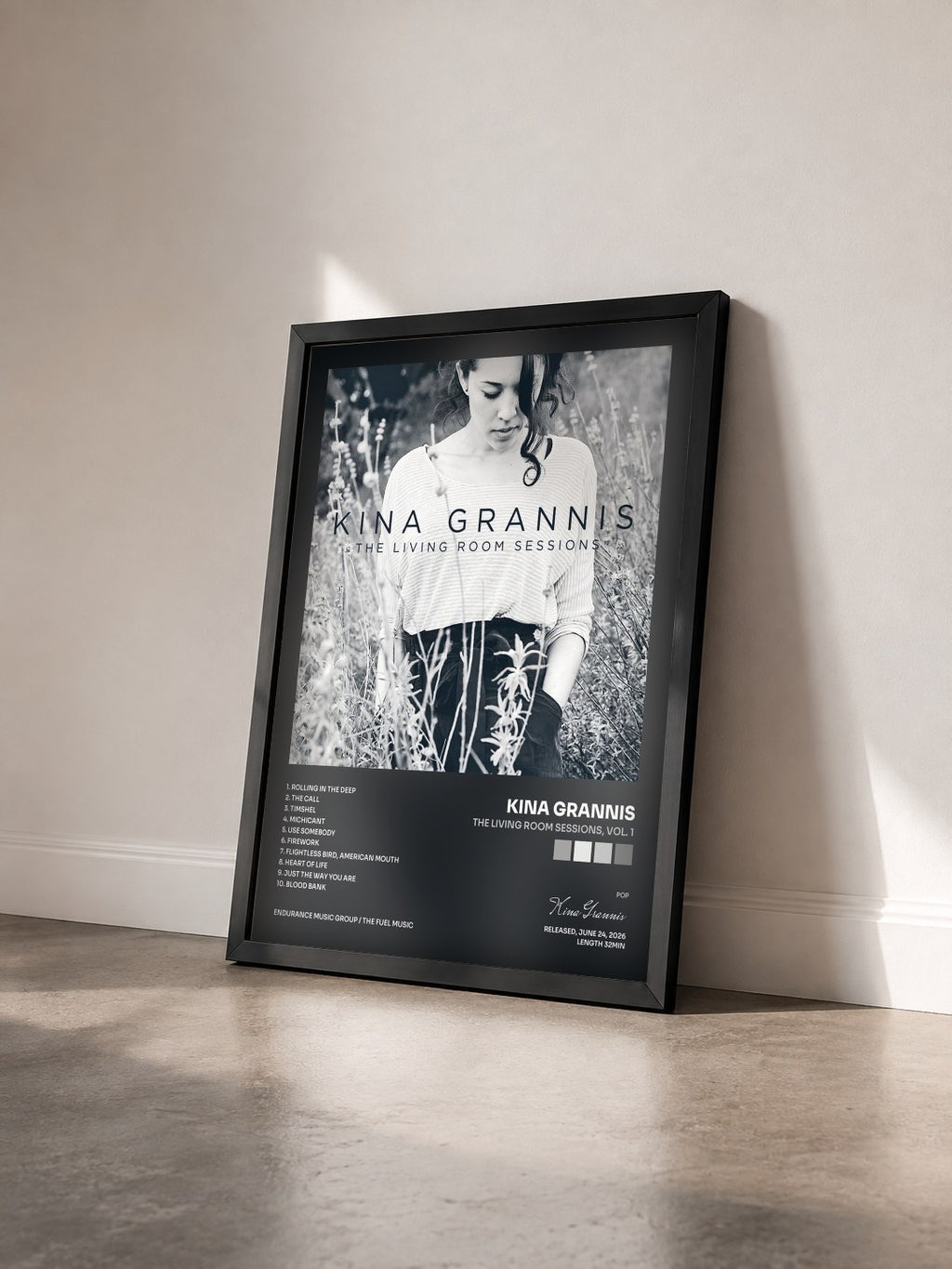 #noir Tableau de l'album The Living Room Sessions, Vol. 1 de Kina Grannis vu de trois quarts, cadre noir