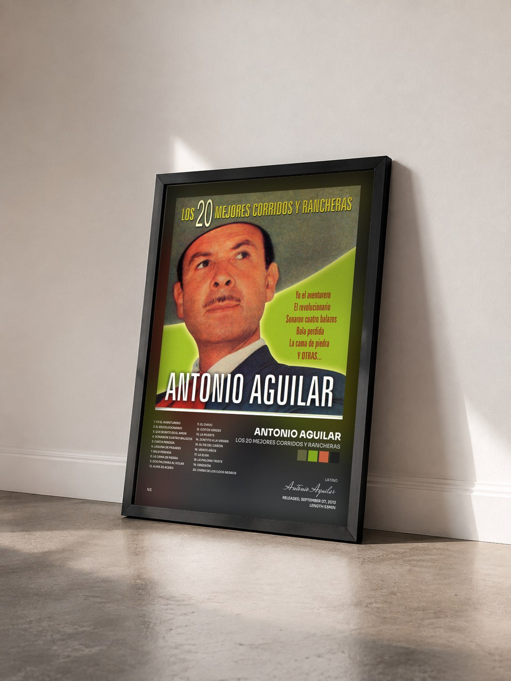#noir Tableau de l'album Los 20 Mejores Corridos y Rancheras de Antonio Aguilar vu de trois quarts, cadre noir