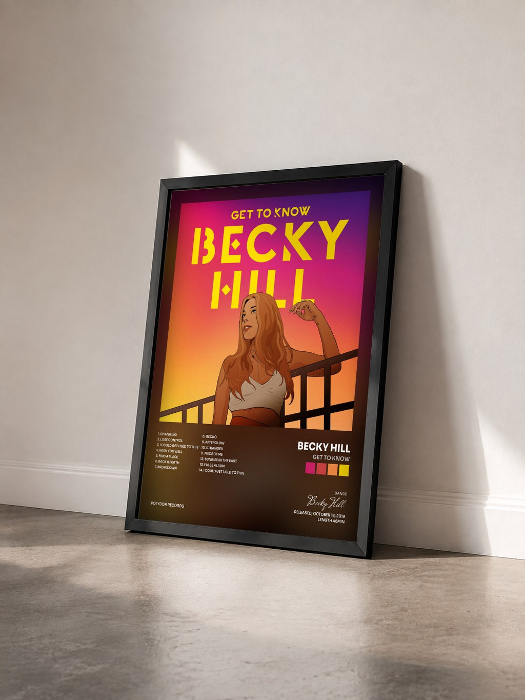 #noir Tableau de l'album Get To Know de Becky Hill vu de trois quarts, cadre noir