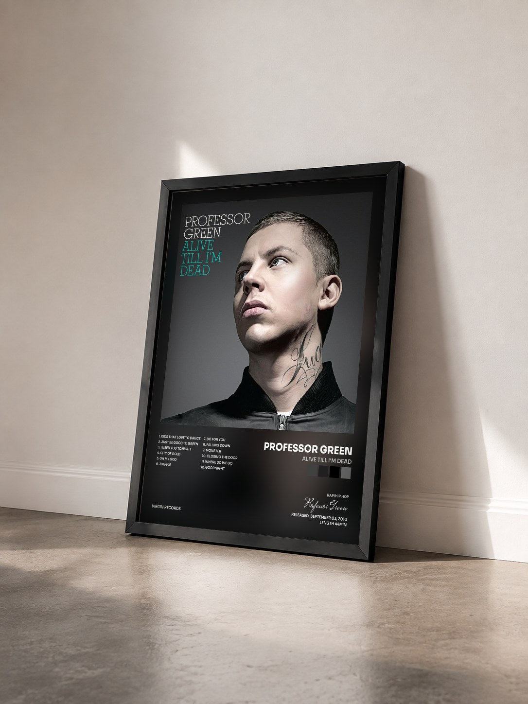 #noir Tableau de l'album Alive Till I'm Dead de Professor Green vu de trois quarts, cadre noir