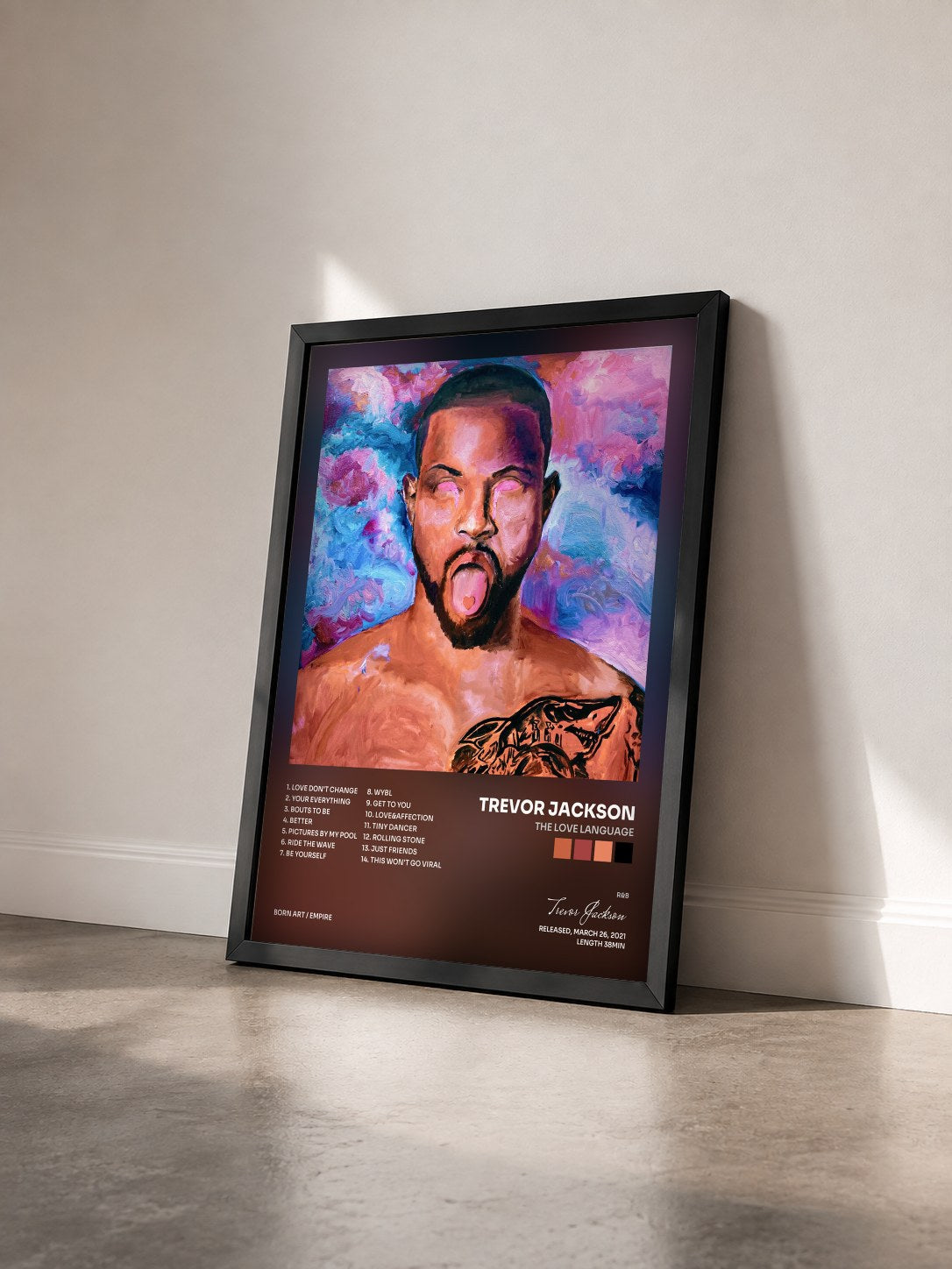 #noir Tableau de l'album The Love Language de Trevor Jackson vu de trois quarts, cadre noir