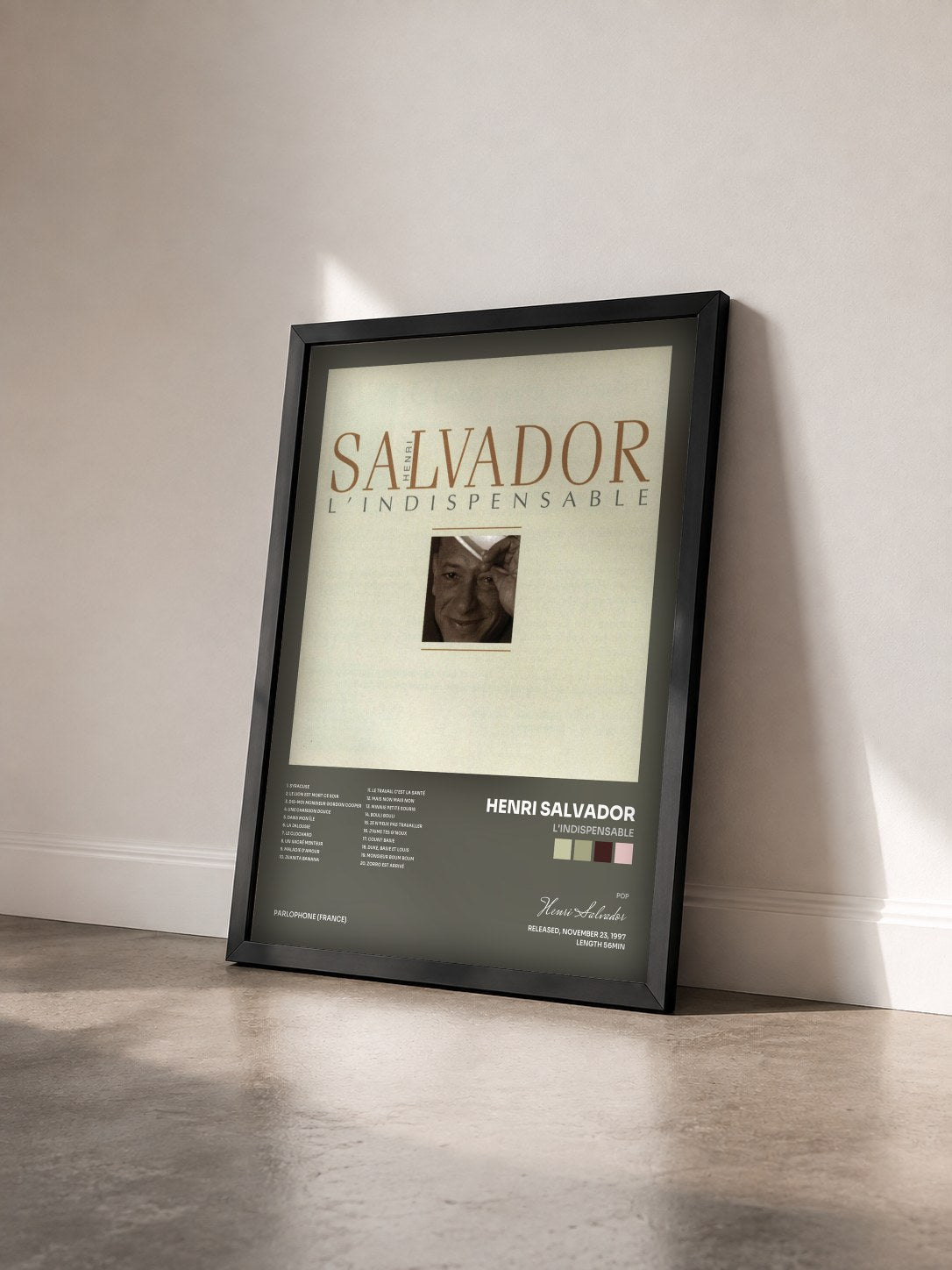 #noir Tableau de l'album l'indispensable de Henri Salvador vu de trois quarts, cadre noir