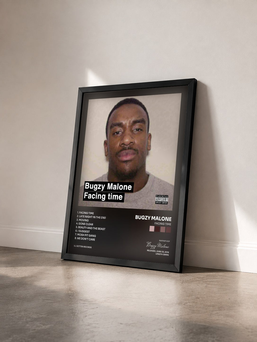 #noir Tableau de l'album Facing Time de Bugzy Malone vu de trois quarts, cadre noir