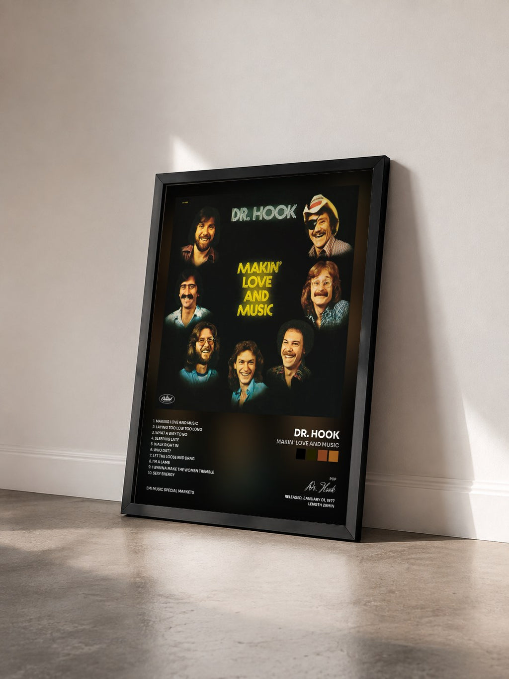 #noir Tableau de l'album Makin' Love And Music de Dr. Hook vu de trois quarts, cadre noir