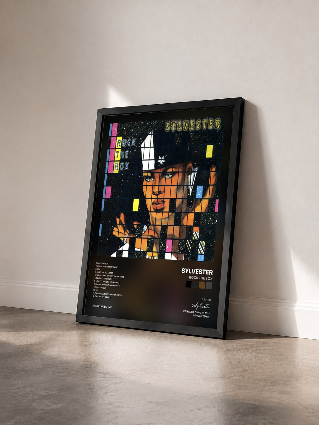 #noir Tableau de l'album Rock the Box de Sylvester vu de trois quarts, cadre noir