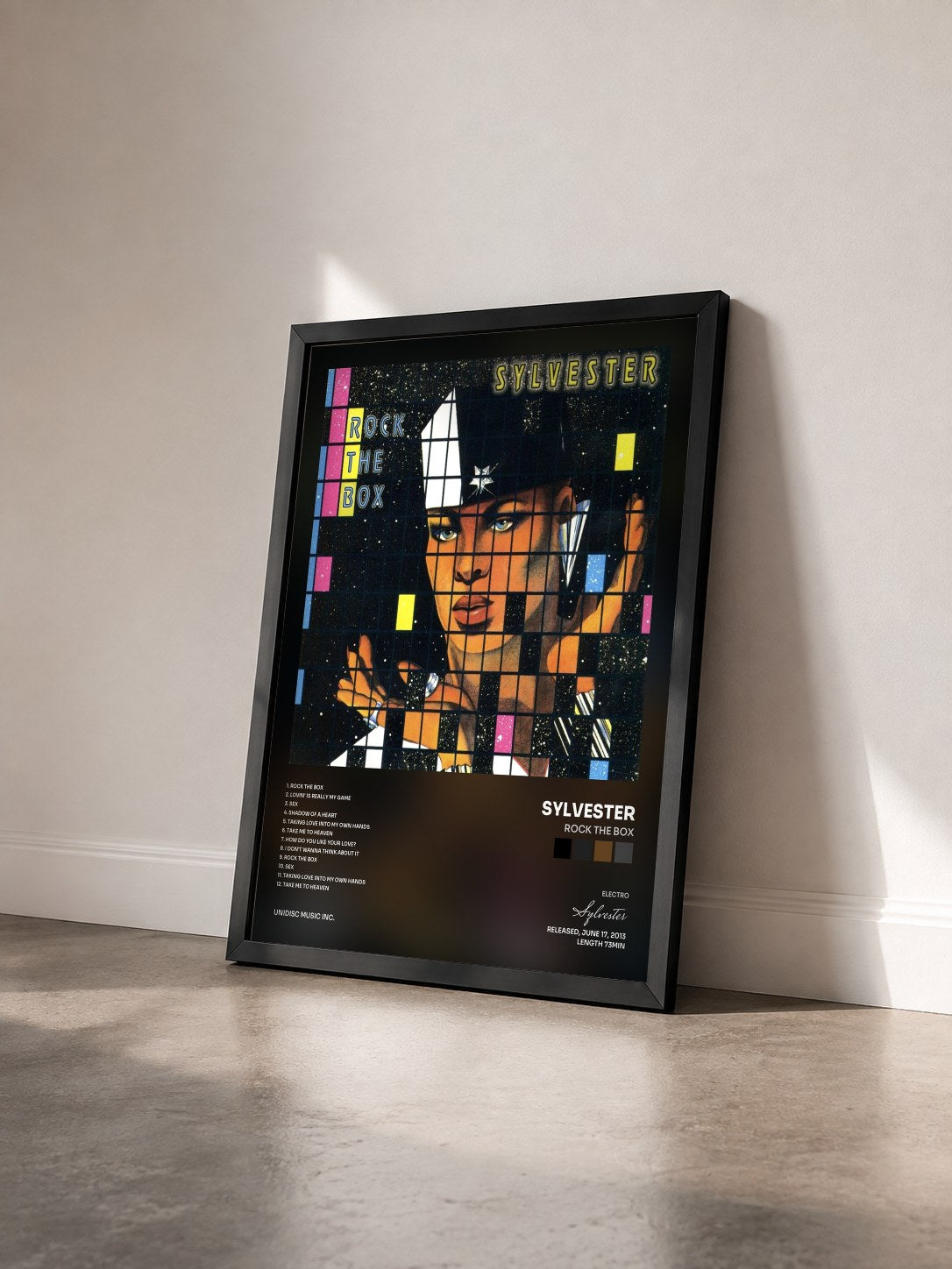 #noir Tableau de l'album Rock the Box de Sylvester vu de trois quarts, cadre noir