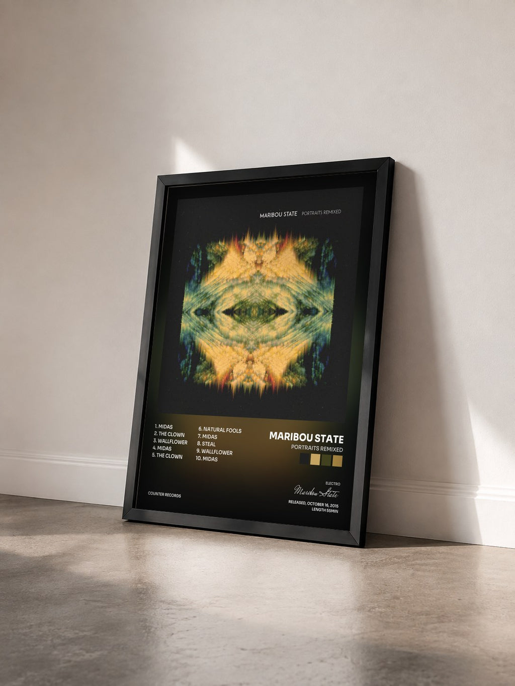 #noir Tableau de l'album Portraits Remixed de Maribou State vu de trois quarts, cadre noir