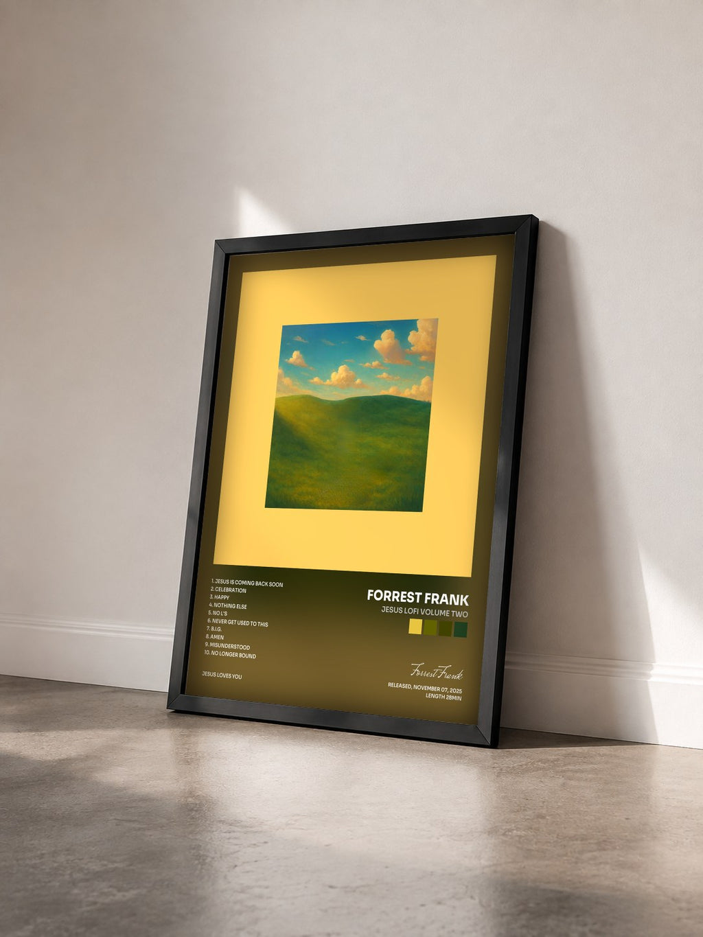 #noir Tableau de l'album JESUS LOFI VOLUME TWO de Forrest Frank vu de trois quarts, cadre noir