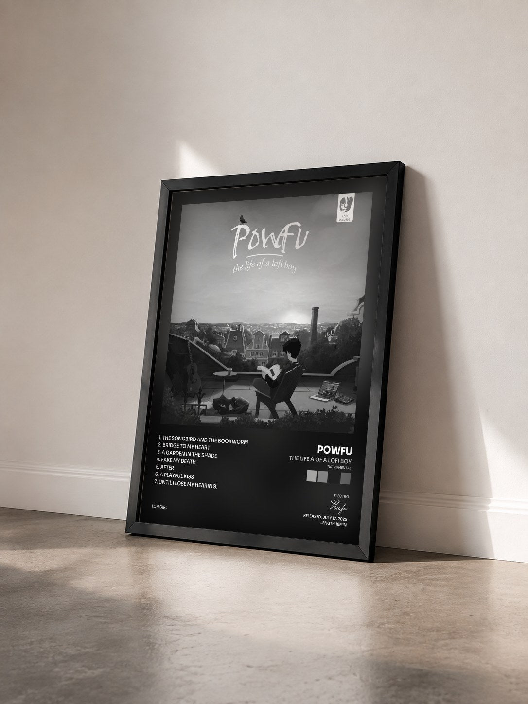 #noir Tableau de l'album the life a of a lofi boy (Instrumental) de Powfu vu de trois quarts, cadre noir