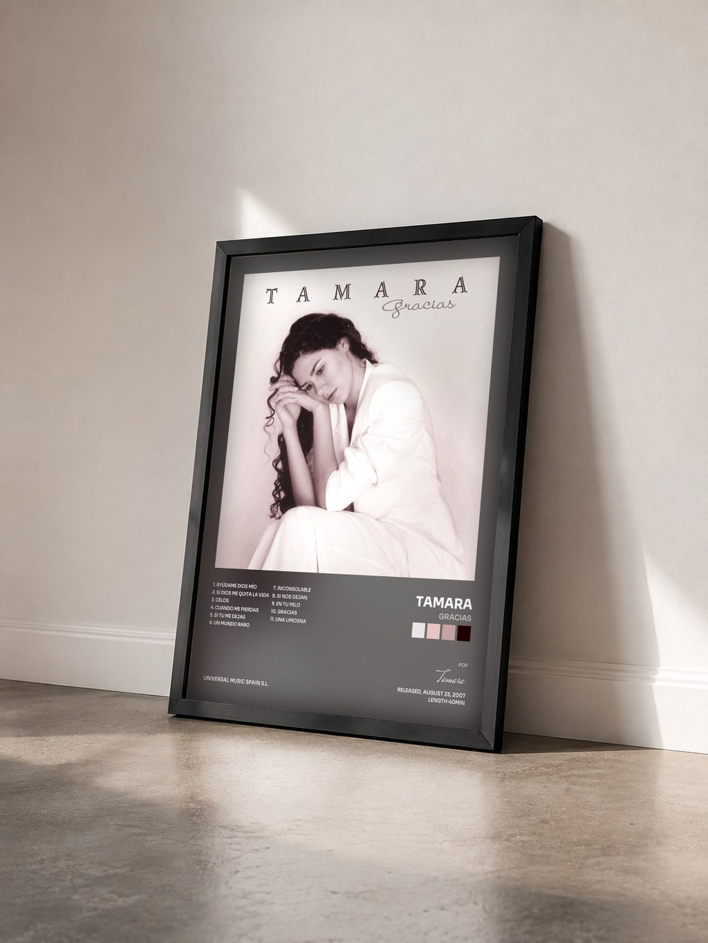 #noir Tableau de l'album Gracias de Tamara vu de trois quarts, cadre noir