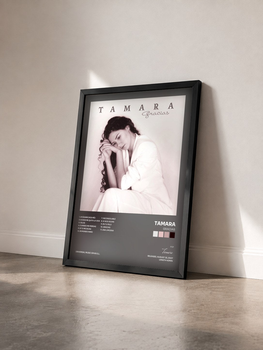 #noir Tableau de l'album Gracias de Tamara vu de trois quarts, cadre noir