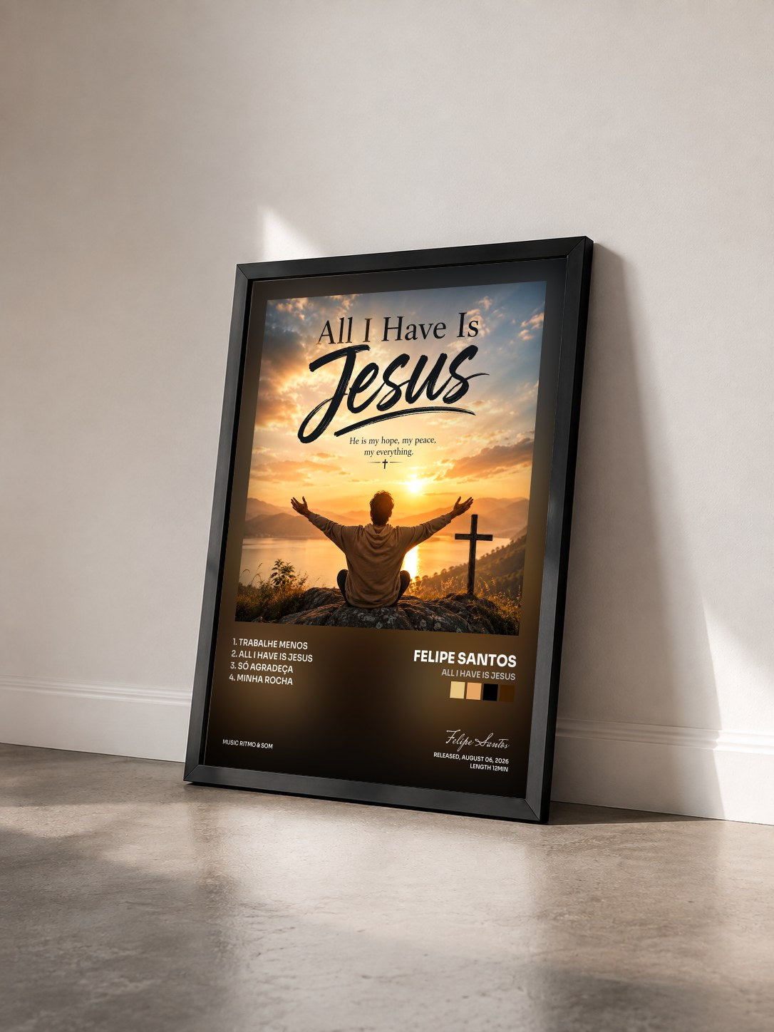 #noir Tableau de l'album All I Have Is Jesus de Felipe Santos vu de trois quarts, cadre noir