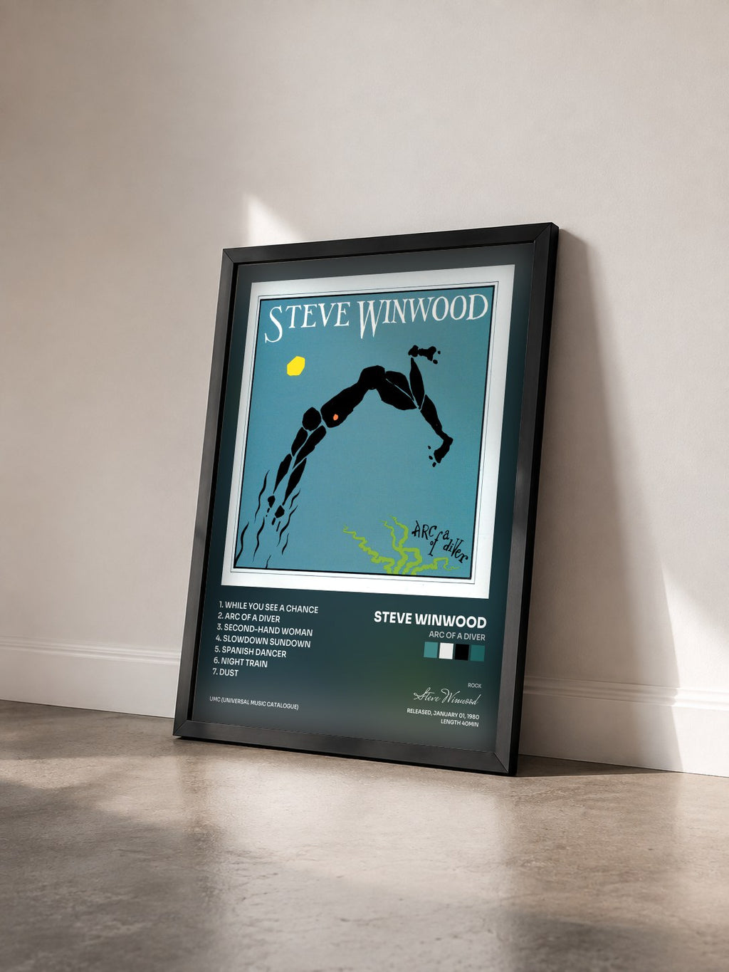 #noir Tableau de l'album Arc Of A Diver de Steve Winwood vu de trois quarts, cadre noir