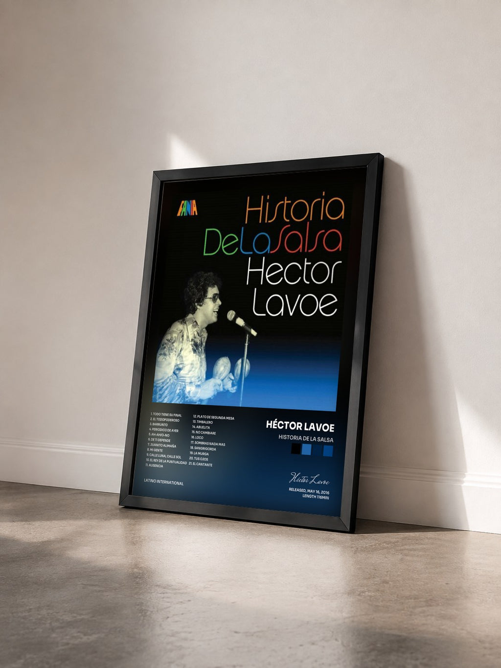 #noir Tableau de l'album Historia De La Salsa de Héctor Lavoe vu de trois quarts, cadre noir